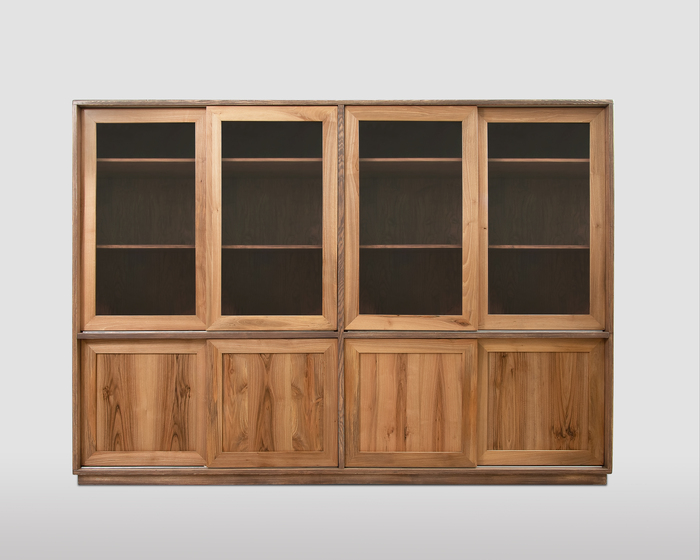 Moderne Schiebetüren-Bücherregal aus Eschen- und Nussbaumholz