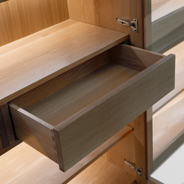 Handgefertigtes modernes Eichenholz-Bücherregal mit LED-Beleuchtung