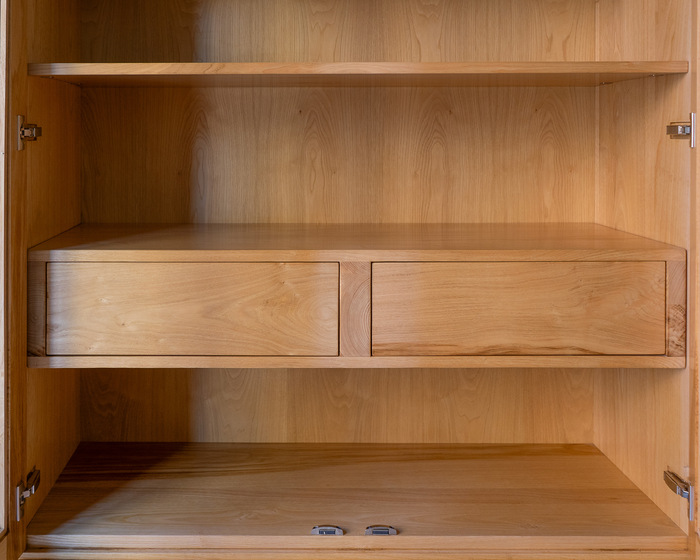 Modern Wooden Display Cabinet with Glass Doors and Drawers