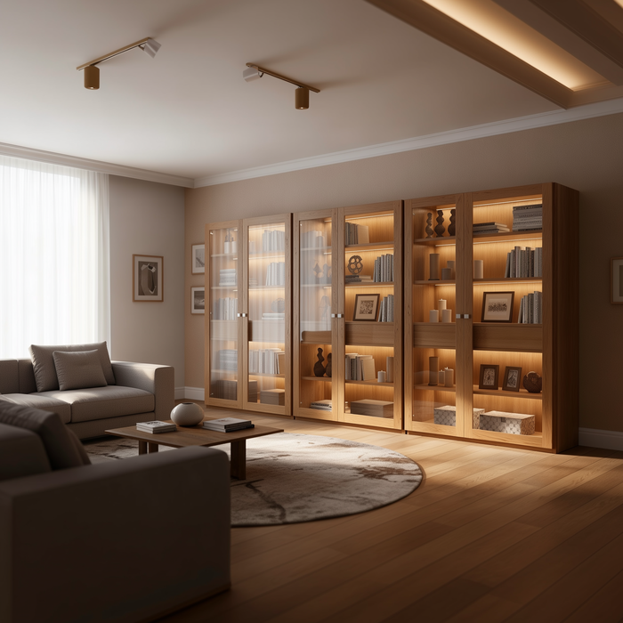 Handgefertigtes modernes Eichenholz-Bücherregal mit LED-Beleuchtung