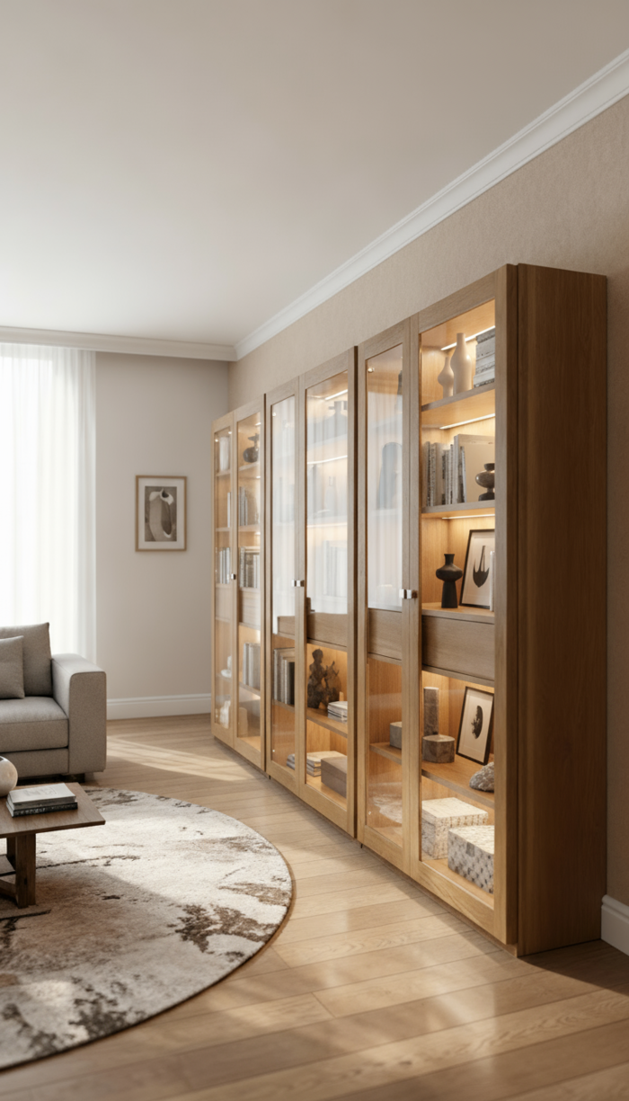 Handgefertigtes modernes Eichenholz-Bücherregal mit LED-Beleuchtung