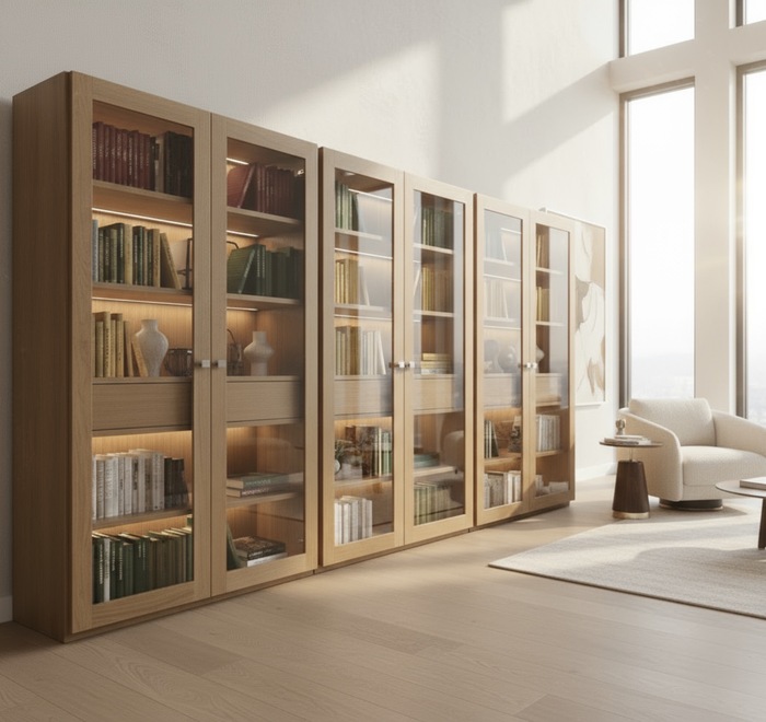 Handgefertigtes modernes Eichenholz-Bücherregal mit LED-Beleuchtung