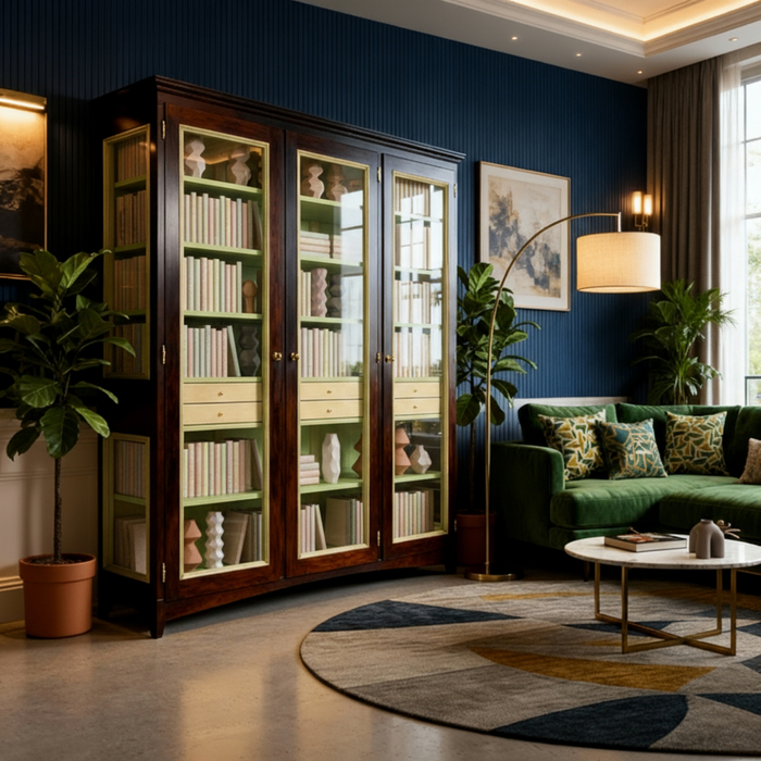 Vetrina a tre ante in nero e interni in verde