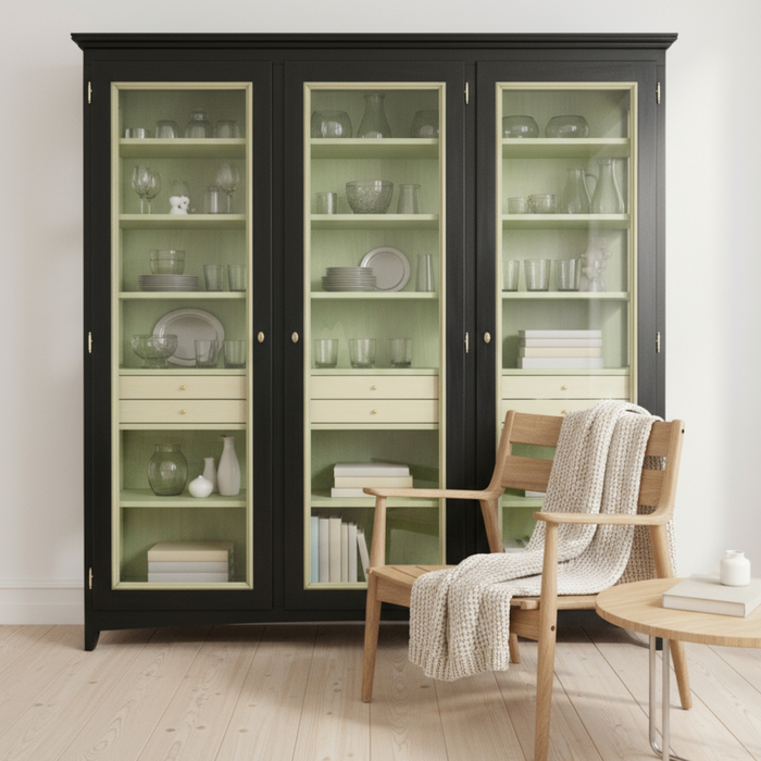 Vetrina a tre ante in nero e interni in verde