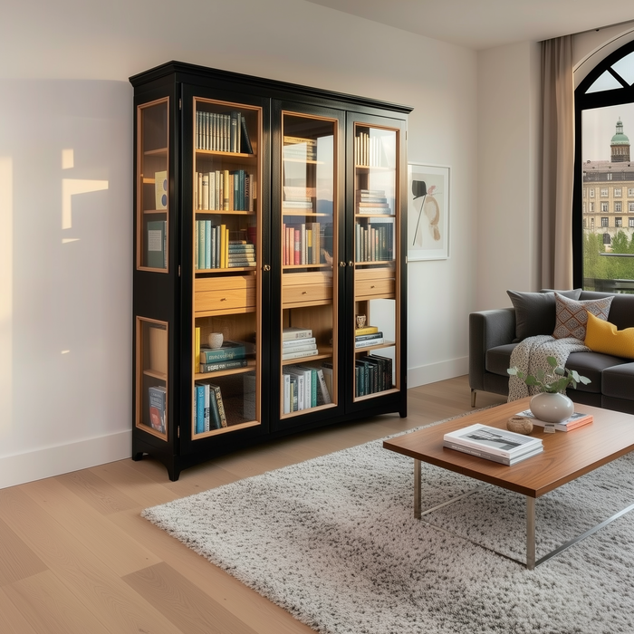 3-türige Vitrine in Schwarz und Walnuss-Farbe