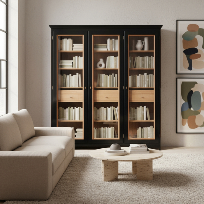 3-türige Vitrine in Schwarz und Walnuss-Farbe