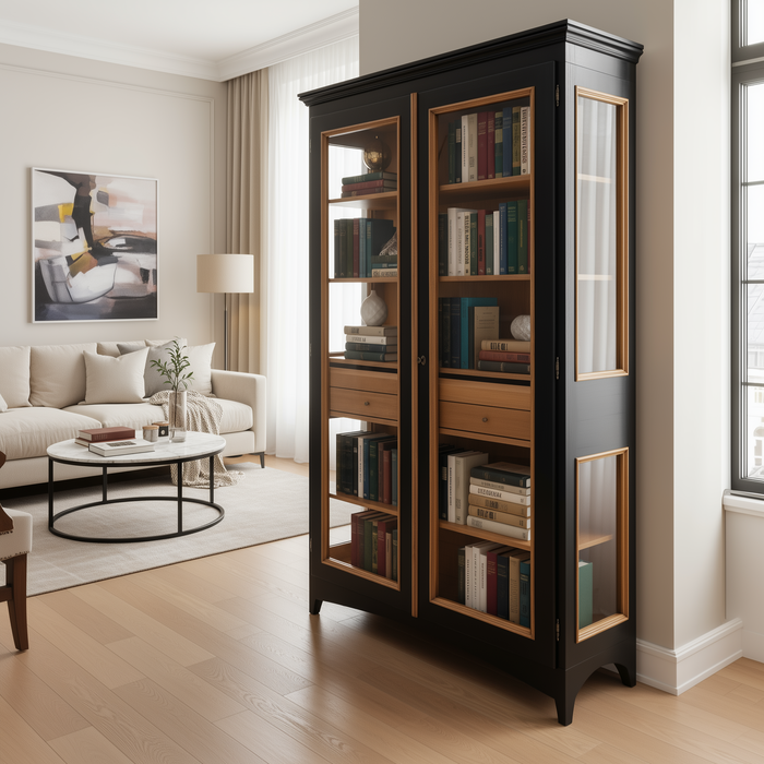 Schwarze handgefertigte Vitrine mit zwei Glastüren und Schublade