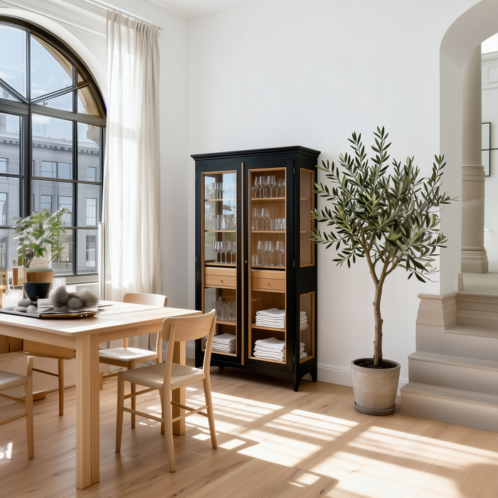 Schwarze handgefertigte Vitrine mit zwei Glastüren und Schublade