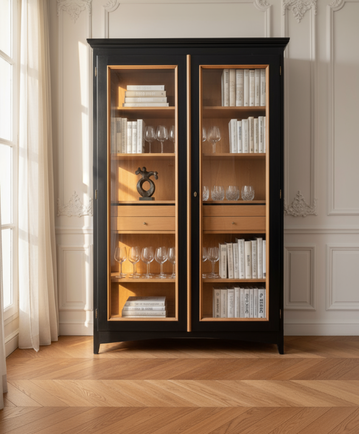 Schwarze handgefertigte Vitrine mit zwei Glastüren und Schublade