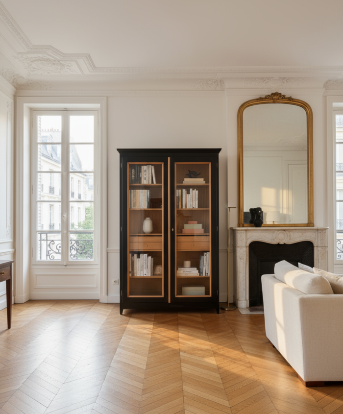 Schwarze handgefertigte Vitrine mit zwei Glastüren und Schublade