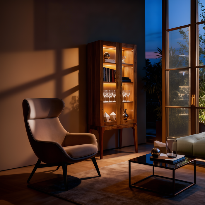 Tall Walnut Display Cabinet with Glass Doors and LED Lighting