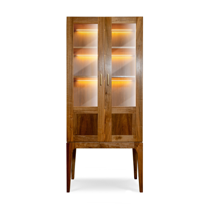 Tall Walnut Display Cabinet with Glass Doors and LED Lighting