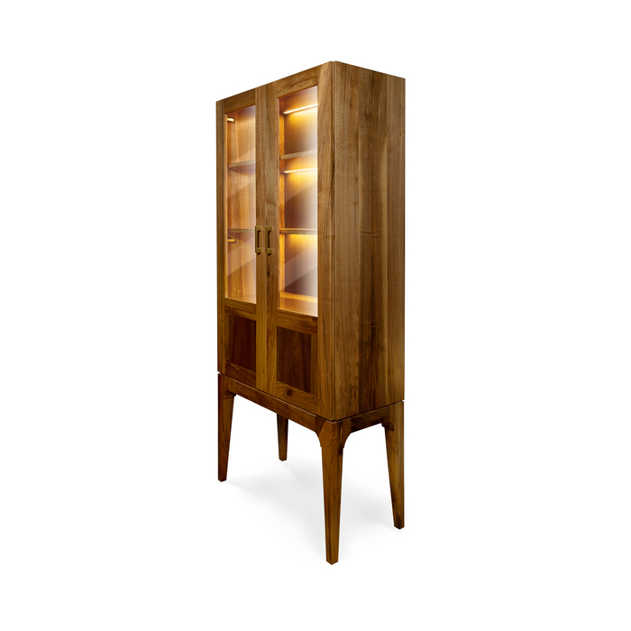 Tall Walnut Display Cabinet with Glass Doors and LED Lighting
