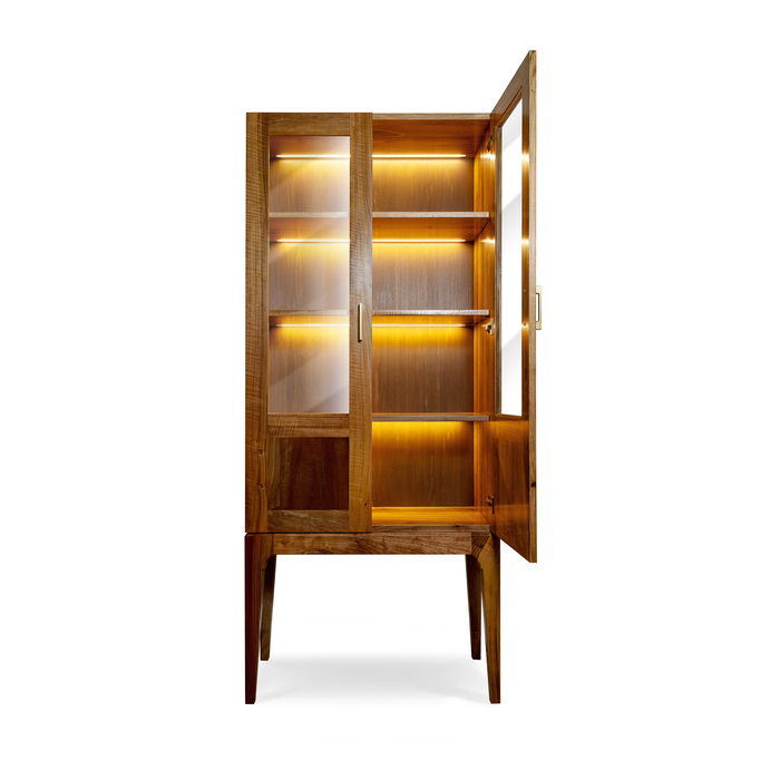 Tall Walnut Display Cabinet with Glass Doors and LED Lighting