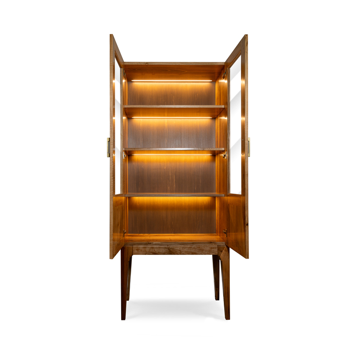 Tall Walnut Display Cabinet with Glass Doors and LED Lighting