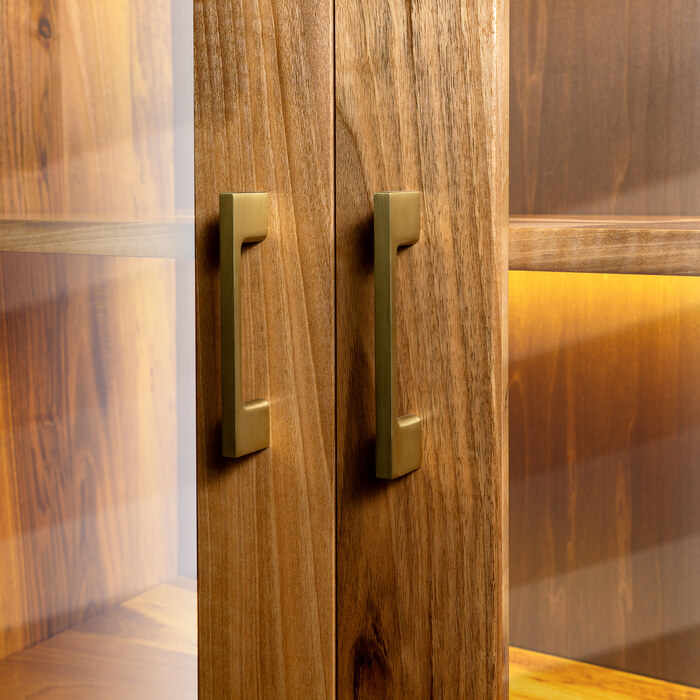 Tall Walnut Display Cabinet with Glass Doors and LED Lighting