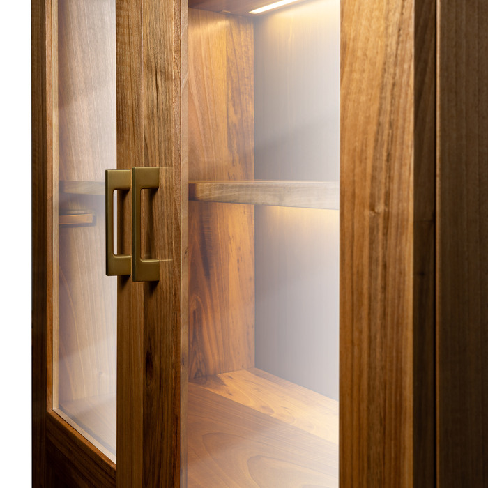 Tall Walnut Display Cabinet with Glass Doors and LED Lighting