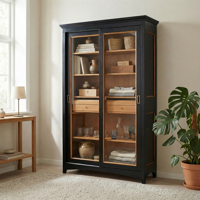 Modernes schwarzes Bücherregal mit Schiebetüren und integrierter Kommode