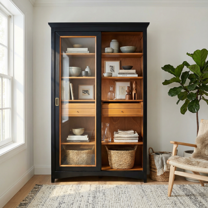 Modernes schwarzes Bücherregal mit Schiebetüren und integrierter Kommode