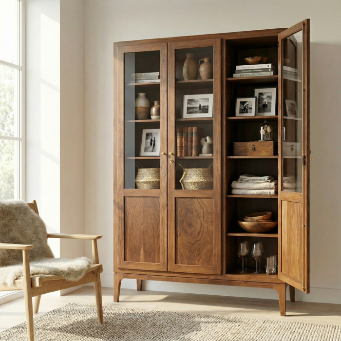 Vetrina a tre ante in noce