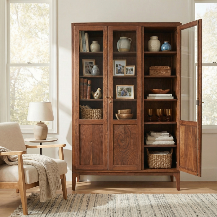 Vetrina a tre ante in noce