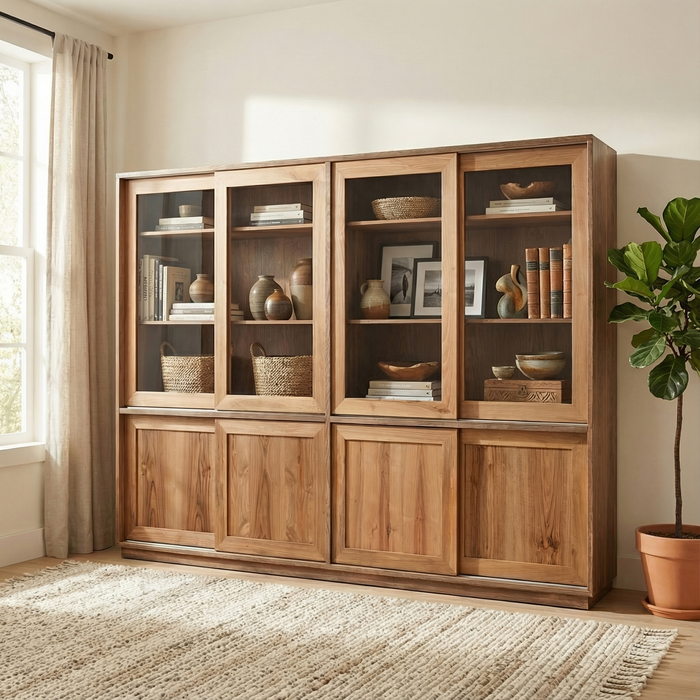 Moderne Schiebetüren-Bücherregal aus Eschen- und Nussbaumholz