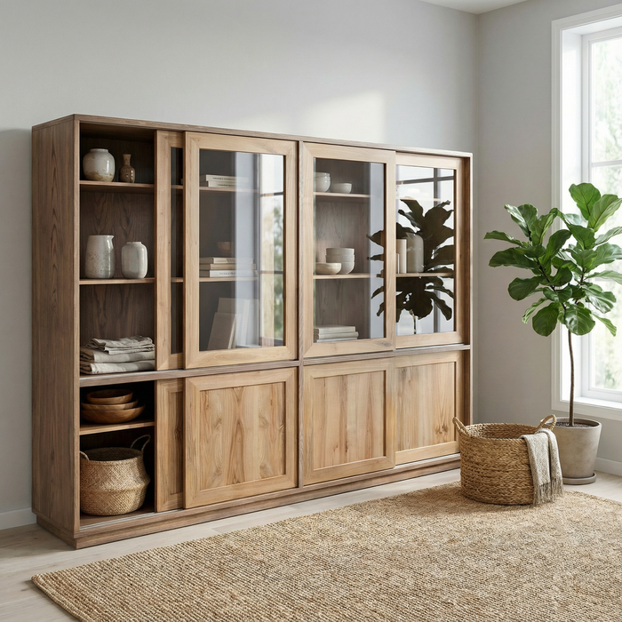 Moderne Schiebetüren-Bücherregal aus Eschen- und Nussbaumholz