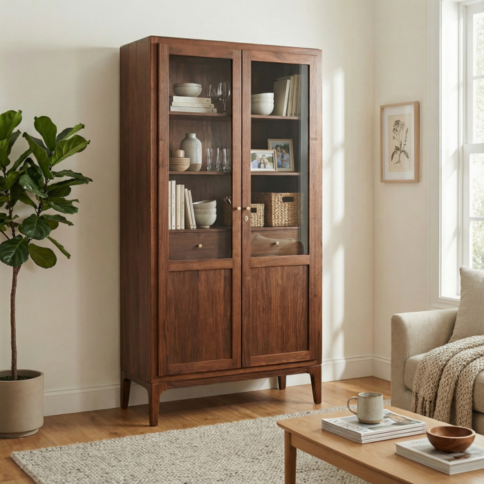 Contemporary 2-Doors Walnut Bookcase