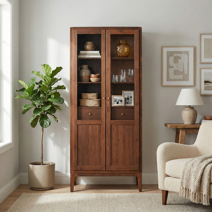 Contemporary 2-Doors Walnut Bookcase