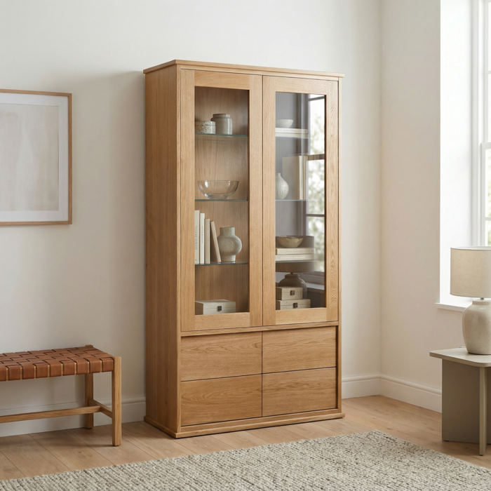 Minimalistischer Vitrinenschrank aus Massiver Eiche mit Glastüren und Schubladen