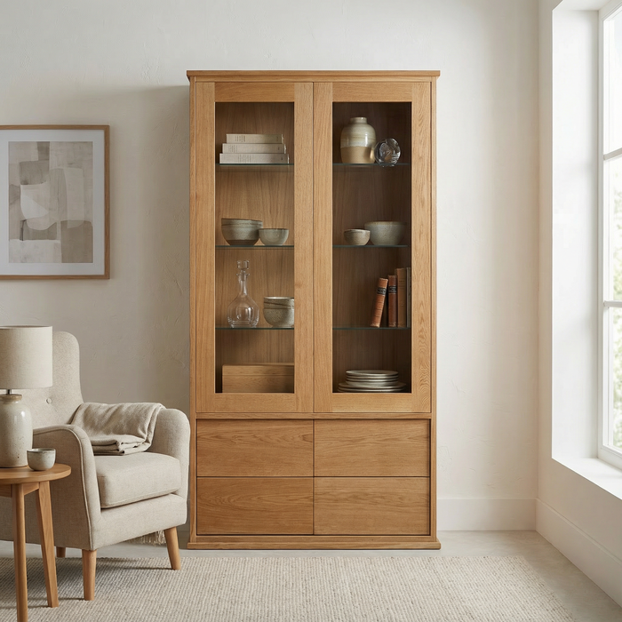 Minimalistischer Vitrinenschrank aus Massiver Eiche mit Glastüren und Schubladen