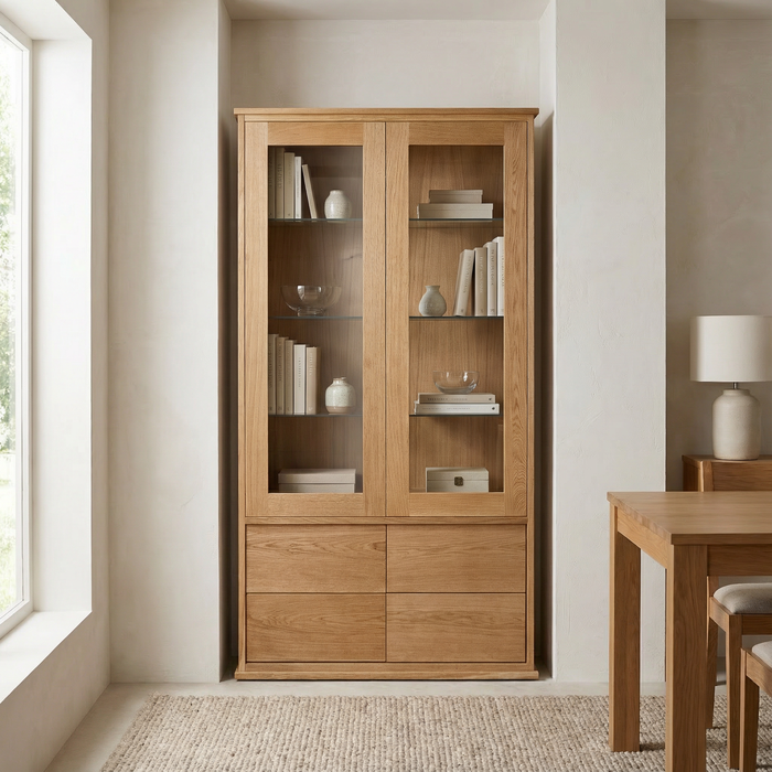 Minimalistischer Vitrinenschrank aus Massiver Eiche mit Glastüren und Schubladen