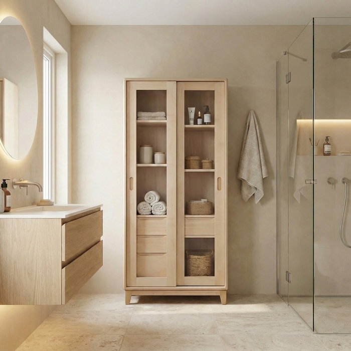 Scandinavian-Style Bathroom Cabinet: Solid Wood, Sliding Doors, and Drawers 