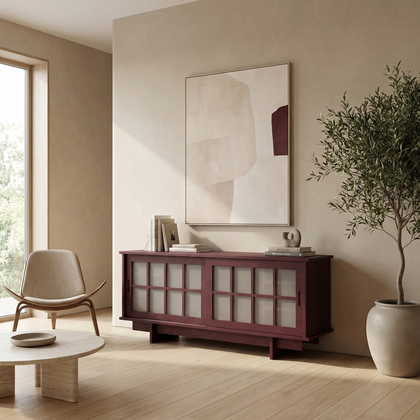 Shoji Sideboard in Solid Wood with Sliding Doors – Ash, Burgundy Finish