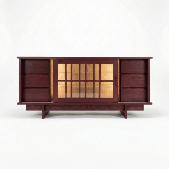 Shoji Sideboard aus Massivholz mit Schiebetüren – Esche, Finish Bordeaux