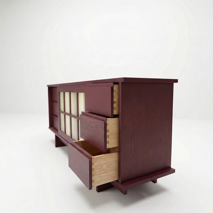 Shoji Sideboard aus Massivholz mit Schiebetüren – Esche, Finish Bordeaux
