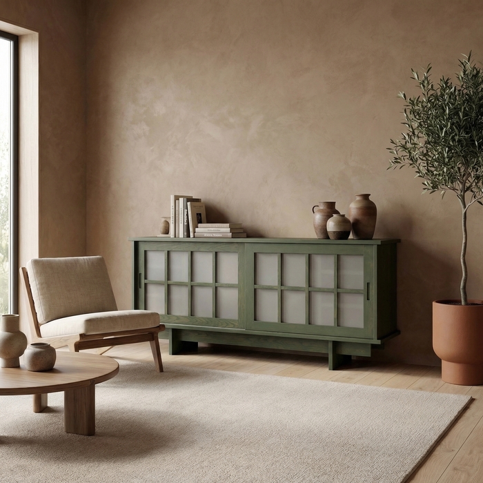Shoji Sideboard aus Massivholz mit Schiebetüren – Esche, Olive Tone