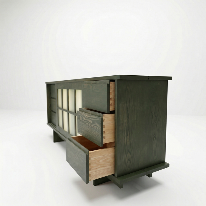 Shoji Sideboard aus Massivholz mit Schiebetüren – Esche, Olive Tone