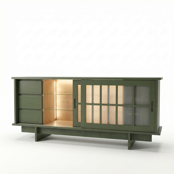 Shoji Sideboard aus Massivholz mit Schiebetüren – Esche, Olive Tone