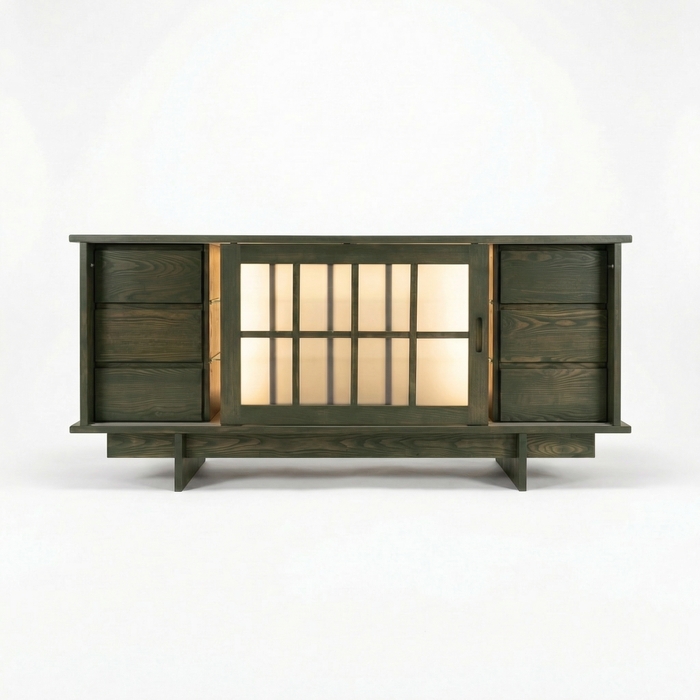 Shoji Sideboard aus Massivholz mit Schiebetüren – Esche, Olive Tone