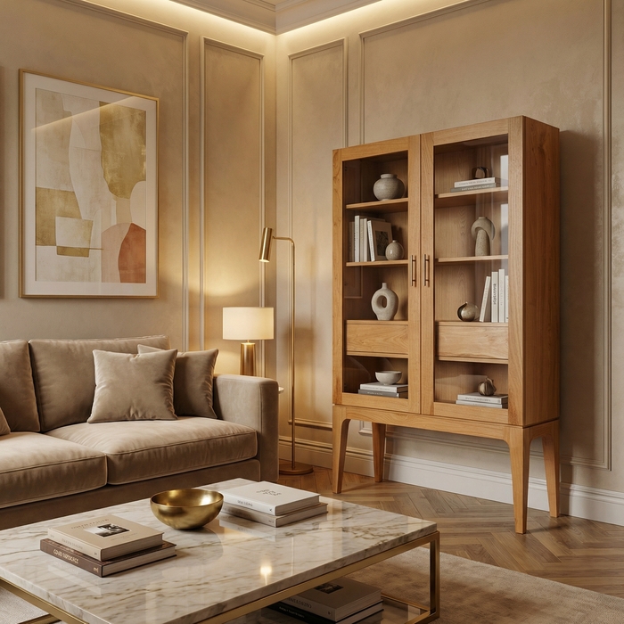 Modern Wooden Display Cabinet with Glass Doors and Drawers