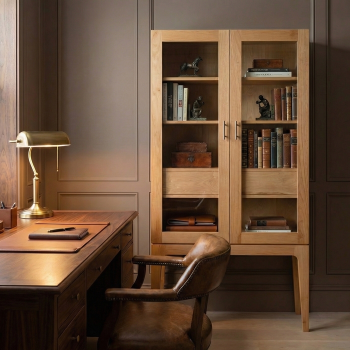 Modern Wooden Display Cabinet with Glass Doors and Drawers