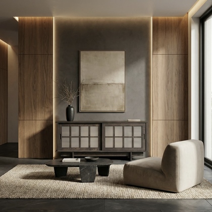 Shoji Sideboard in Solid Wood with Sliding Doors – Ash, Charcoal Finish