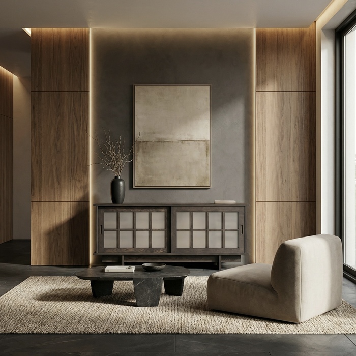 Madia Shoji in Legno Massello con Ante Scorrevoli – Frassino, Finitura Antracite