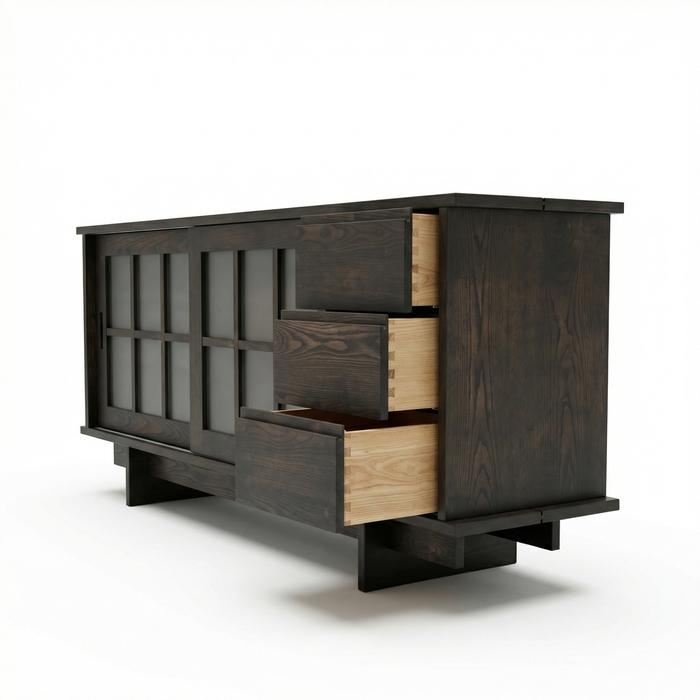 Madia Shoji in Legno Massello con Ante Scorrevoli – Frassino, Finitura Antracite