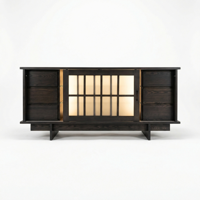 Madia Shoji in Legno Massello con Ante Scorrevoli – Frassino, Finitura Antracite