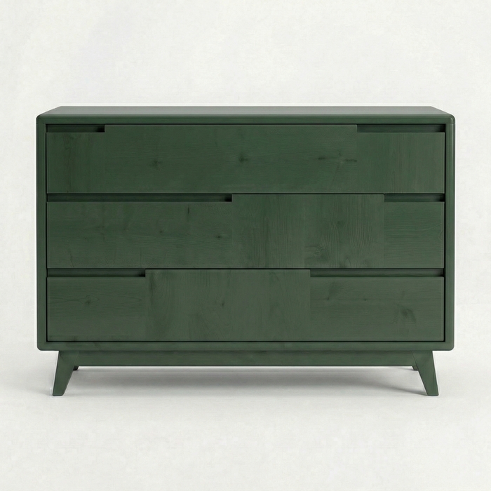 Karin Dresser – Comò Scandinavo in Tulipier Massello con 3 Cassetti, Finitura Verde Muschio  