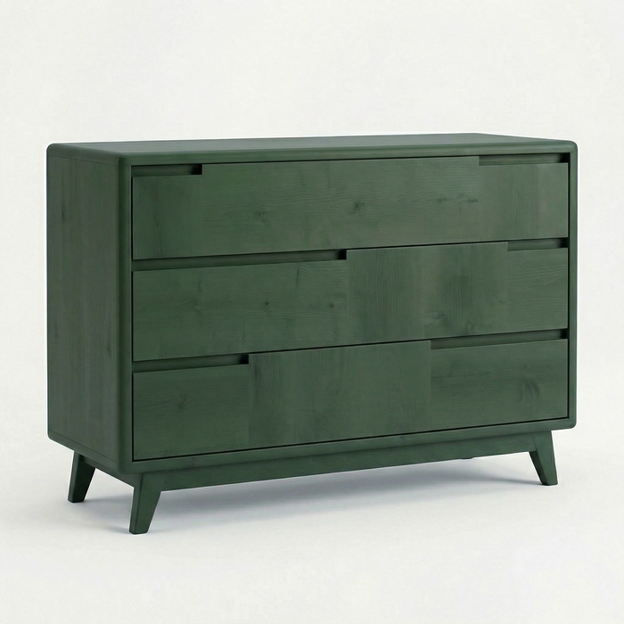 Karin Dresser – Comò Scandinavo in Tulipier Massello con 3 Cassetti, Finitura Verde Muschio  