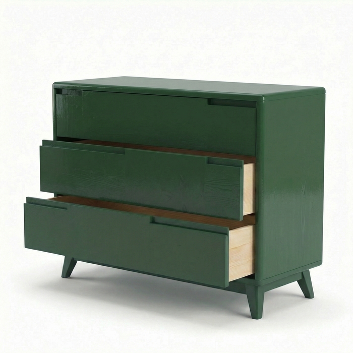 Karin Dresser – Comò Scandinavo in Tulipier Massello con 3 Cassetti, Finitura Verde Muschio  