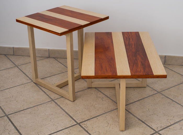 Couple of coffee Tables in Ash and Padouk wood